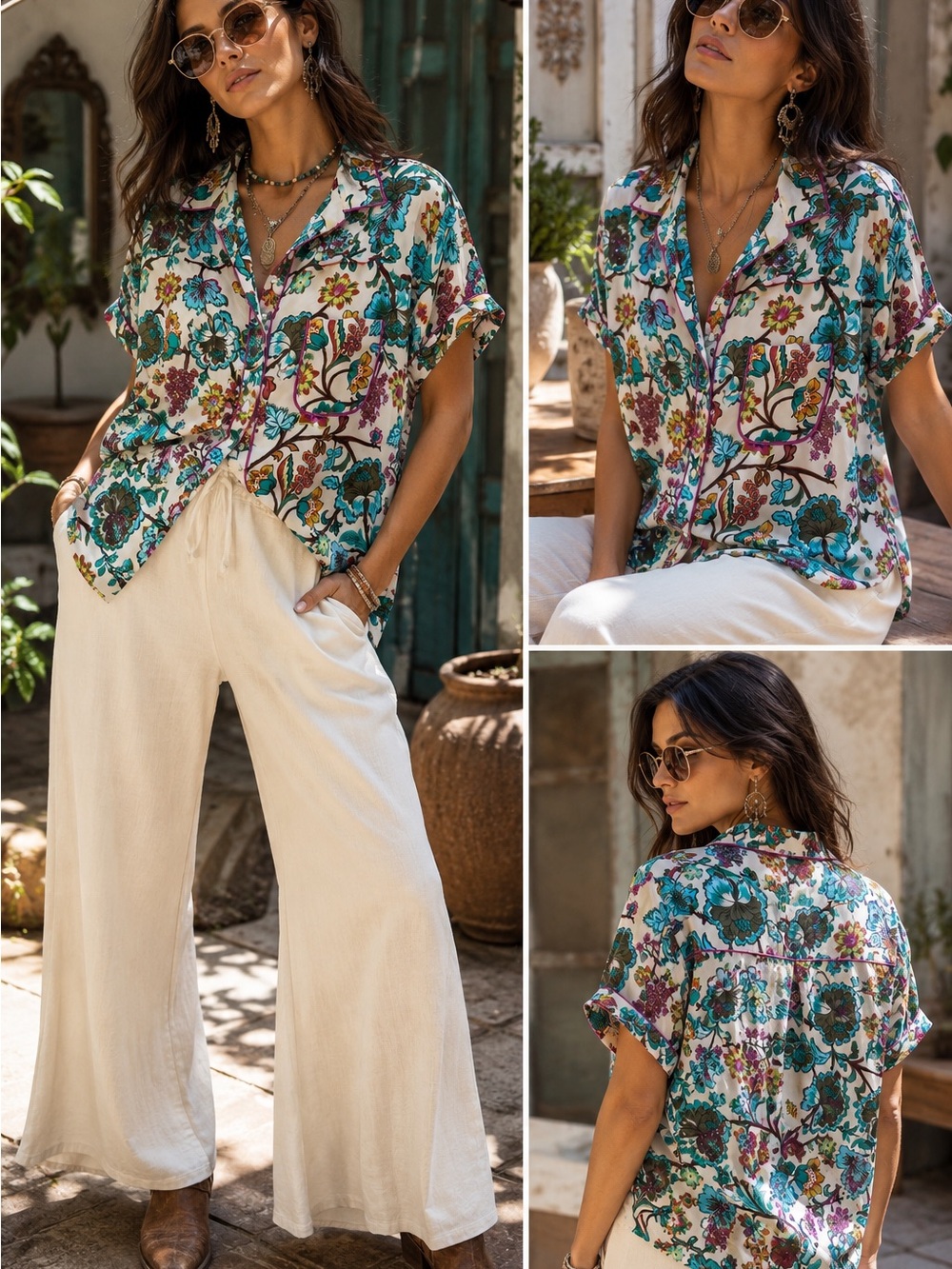 Womens Floral Button-Up Short Sleeve Shirt - Teal Multi